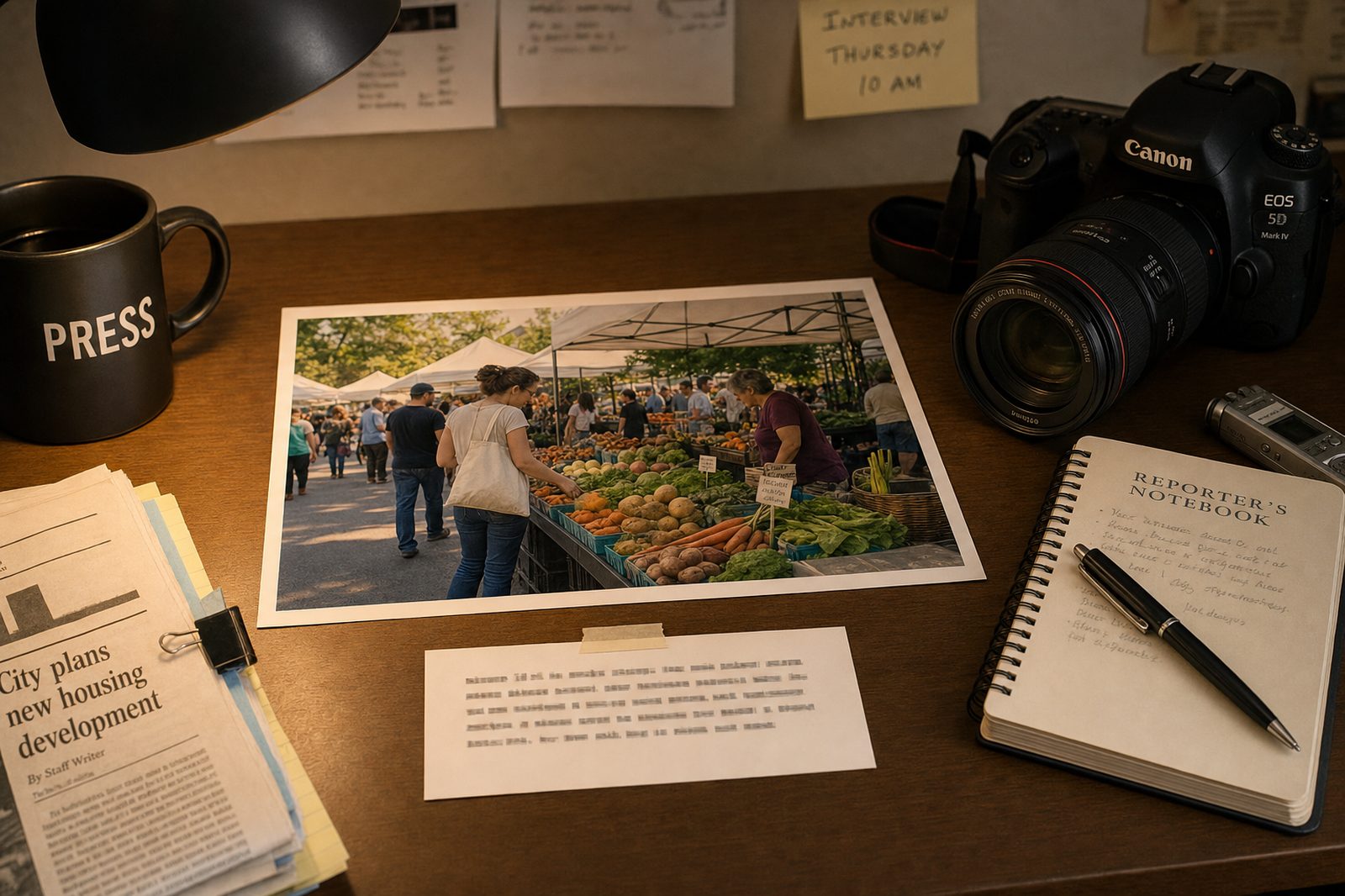 A printed photograph with a typed caption card taped beneath it on a journalist's desk