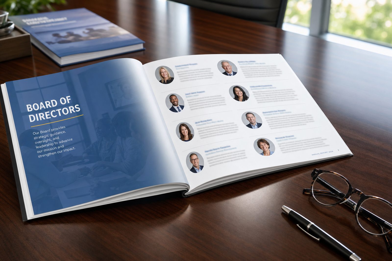 An open nonprofit annual report showing a Board of Directors page with headshots and bios