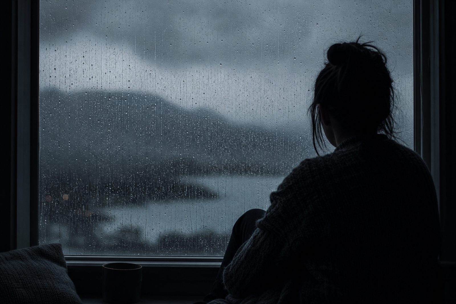 A silhouetted figure sitting alone by a rain-streaked window