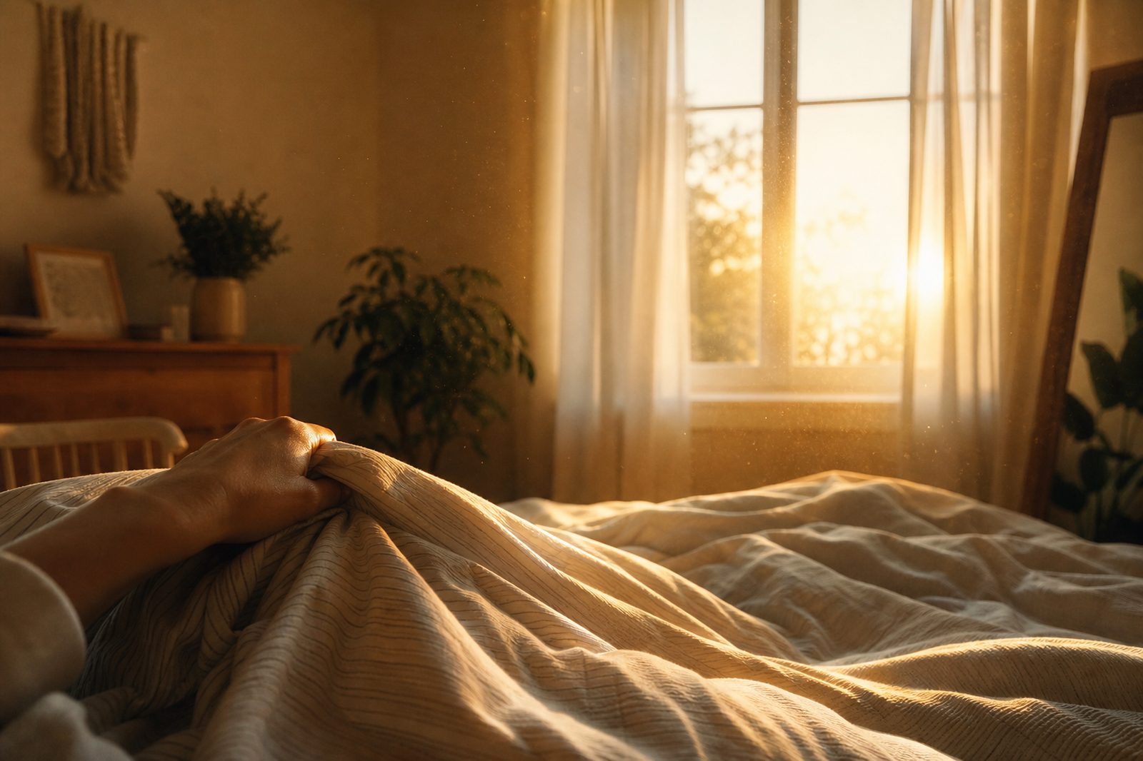 Golden morning sunlight streaming through curtains onto a bed as a hand pulls back the blanket