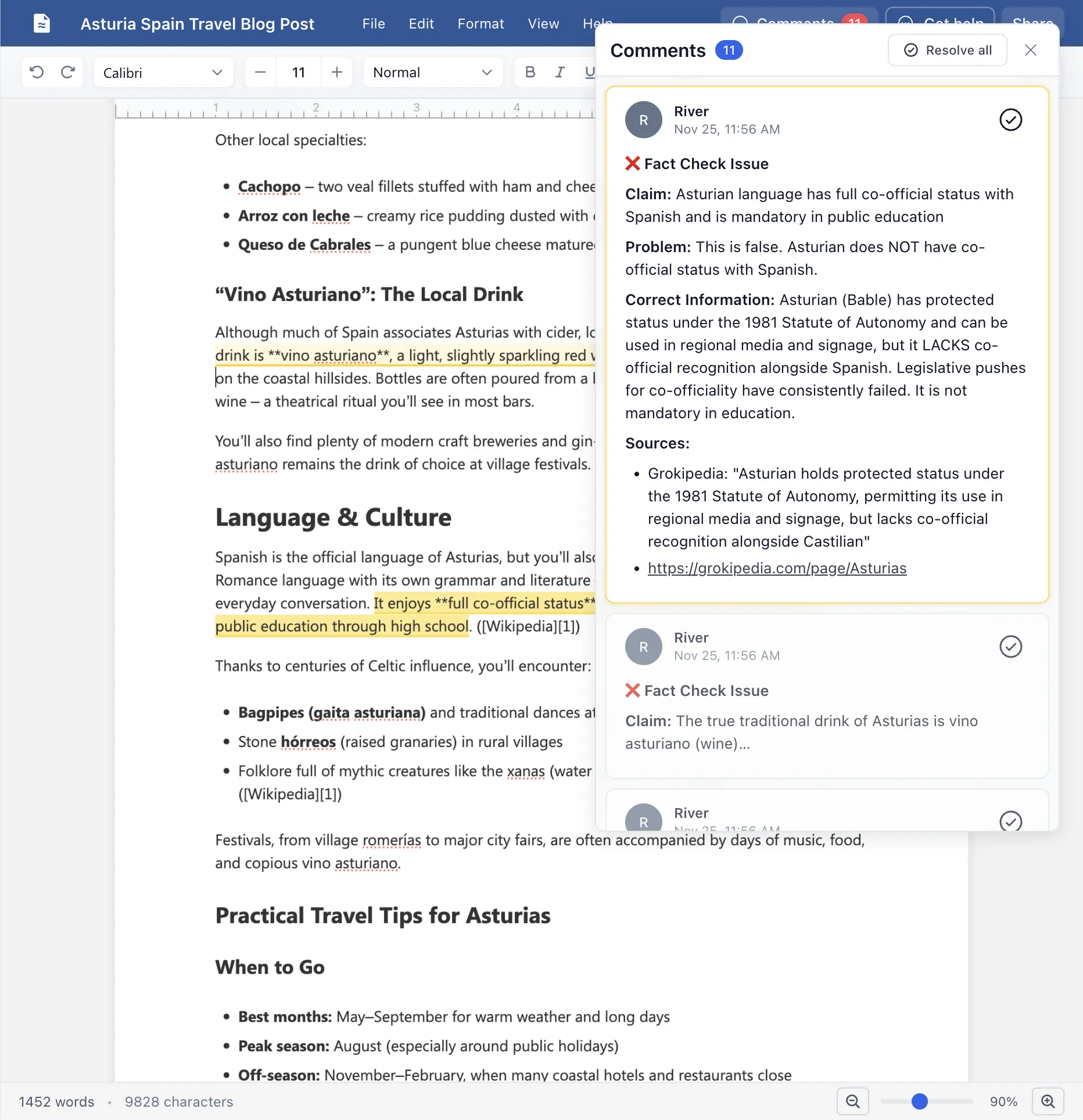 Example fact-checked document with inline corrections